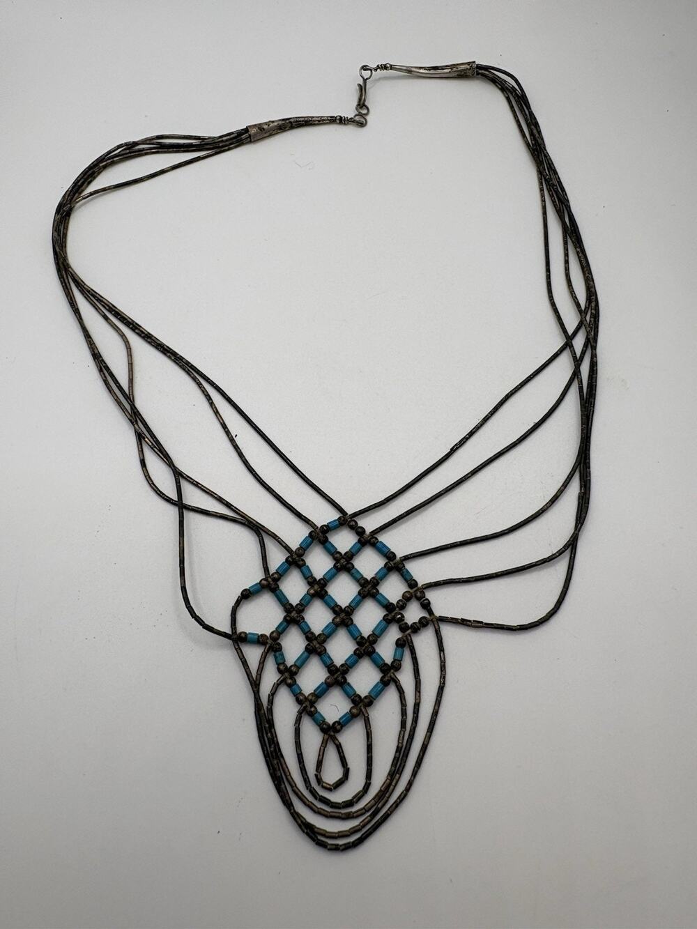 Vintage Liquid Silver Turquoise Heishi Necklace Multi Strand Lattice Grid Navajo